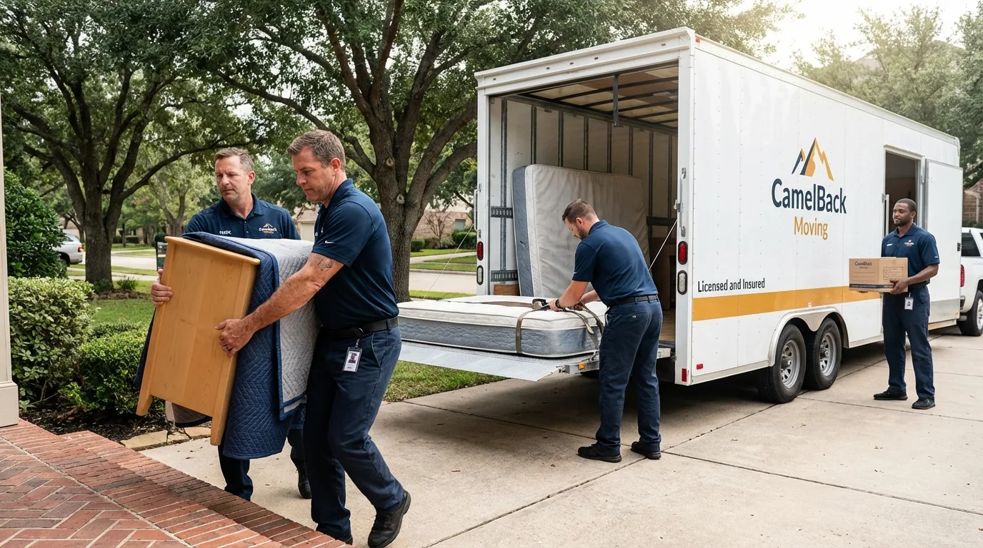 Crew loading residential truck for cross-state move from Lampasas, TX