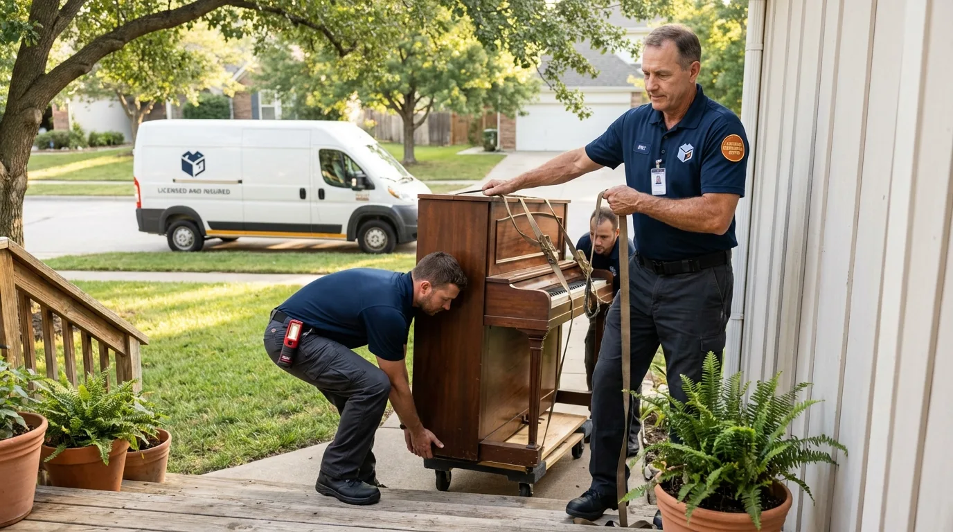 Licensed piano movers securing grand piano in Lampasas, TX