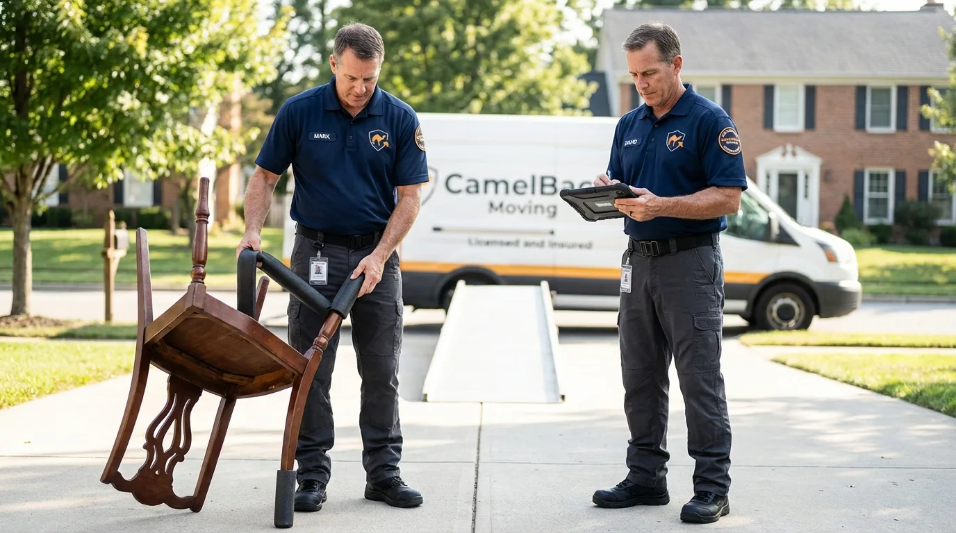 Movers inspecting furniture for damage prevention before loading in Lampasas, TX