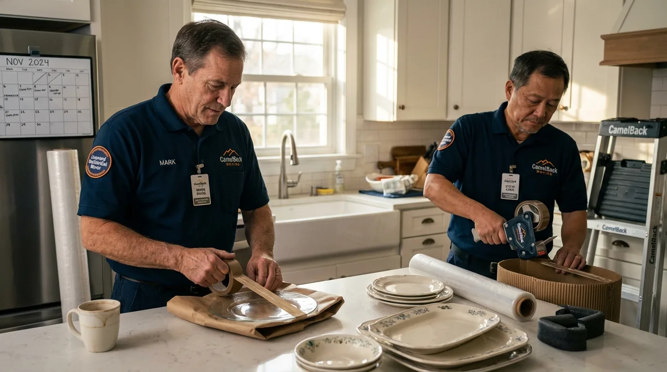 Professional crew packing kitchen dishware in Lampasas, TX